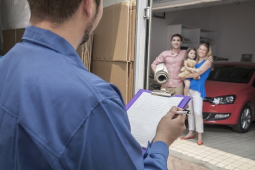 Professional movers securing items in a removal van